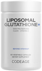 Frasco Codeage Liposomal Glutathione+ mostrando el envase y beneficio antioxidante