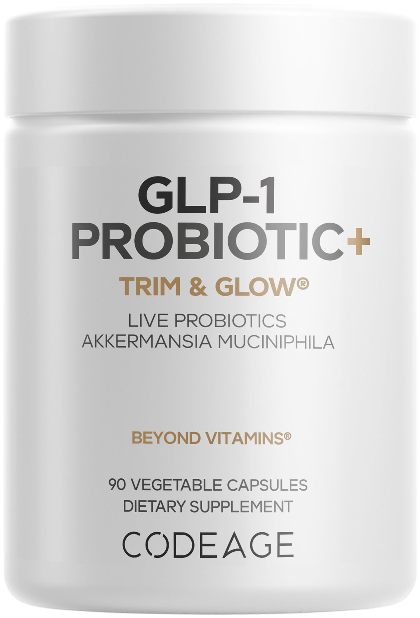 Codeage frontal del envase GLP-1 Probiotic+ mostrando diseño y nombre del producto