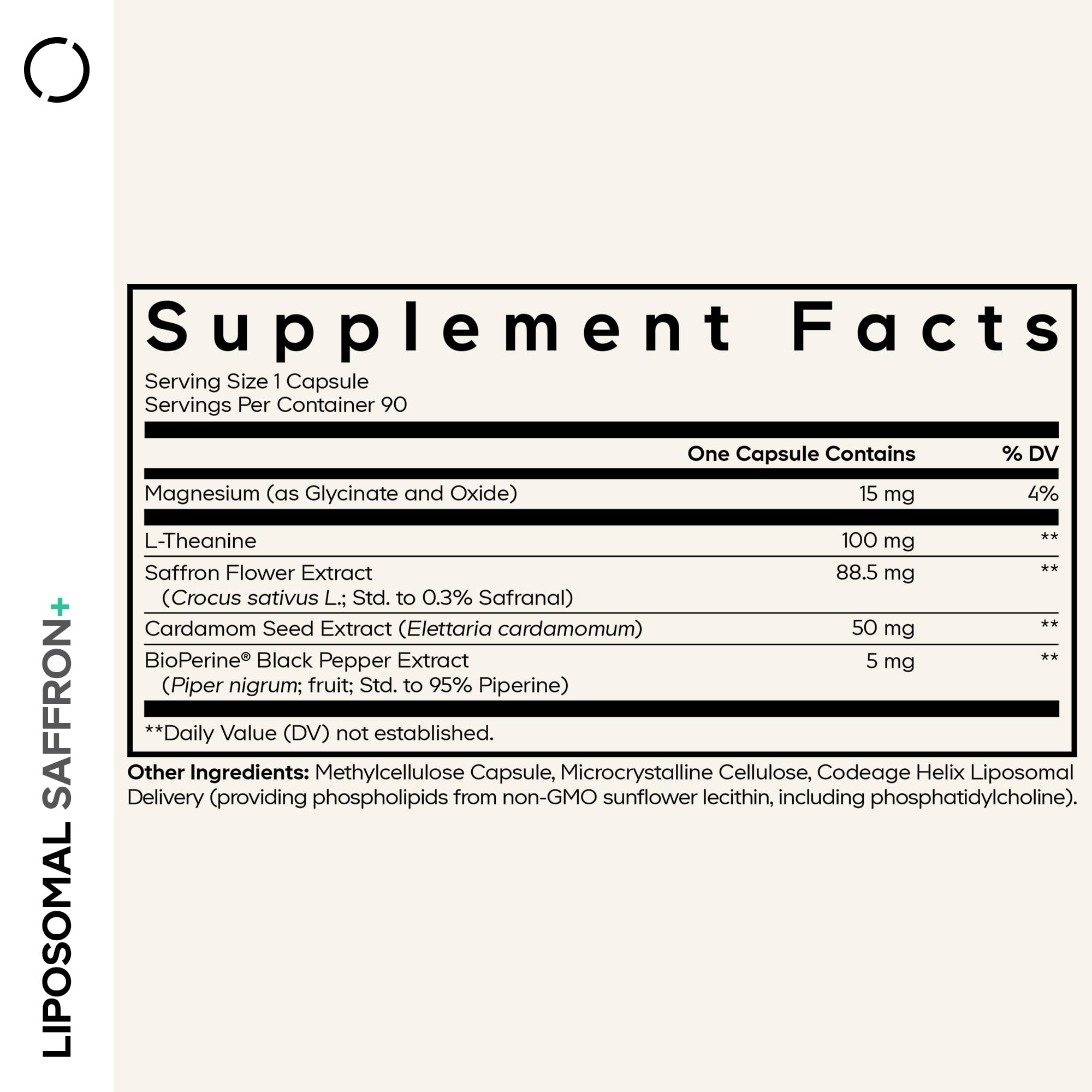 Codeage Liposomal Azafrán+ cápsulas blancas, comodidad de dosis.