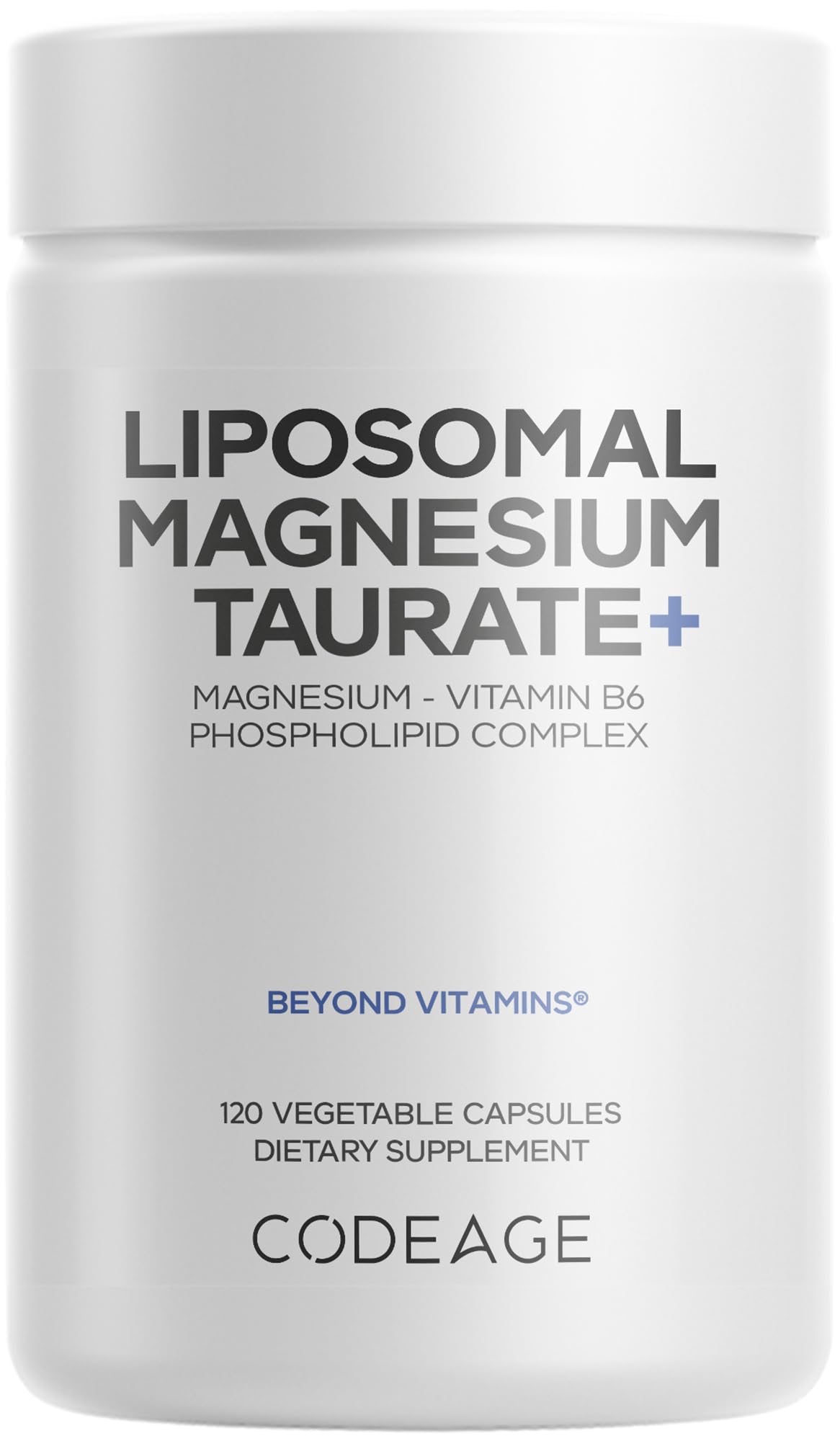 Codeage Liposomal Magnesium Taurate, botella, entrega liposomal para absorción óptima.
