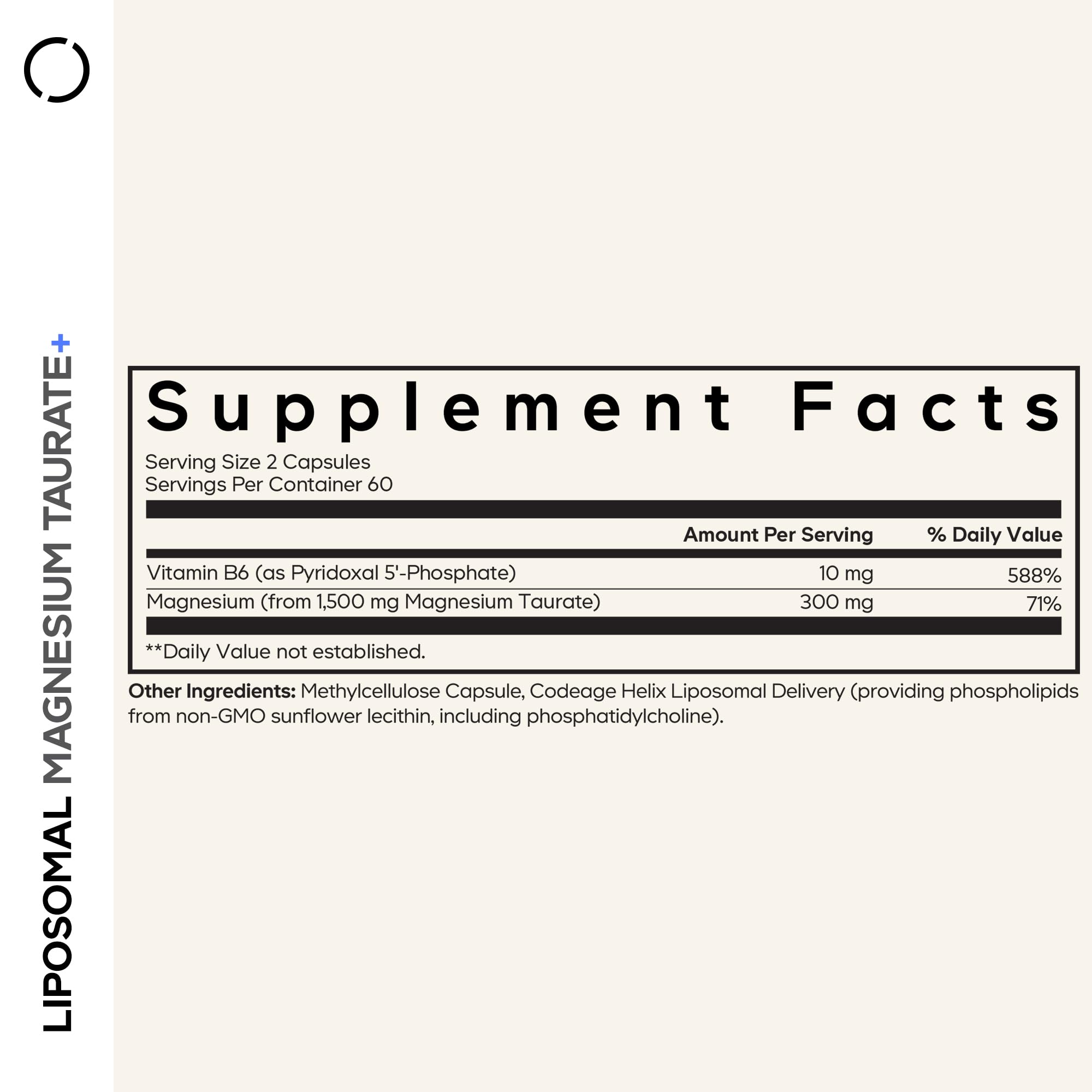 Codeage Liposomal Magnesium Taurate, cápsulas veganas y libres de gluten.