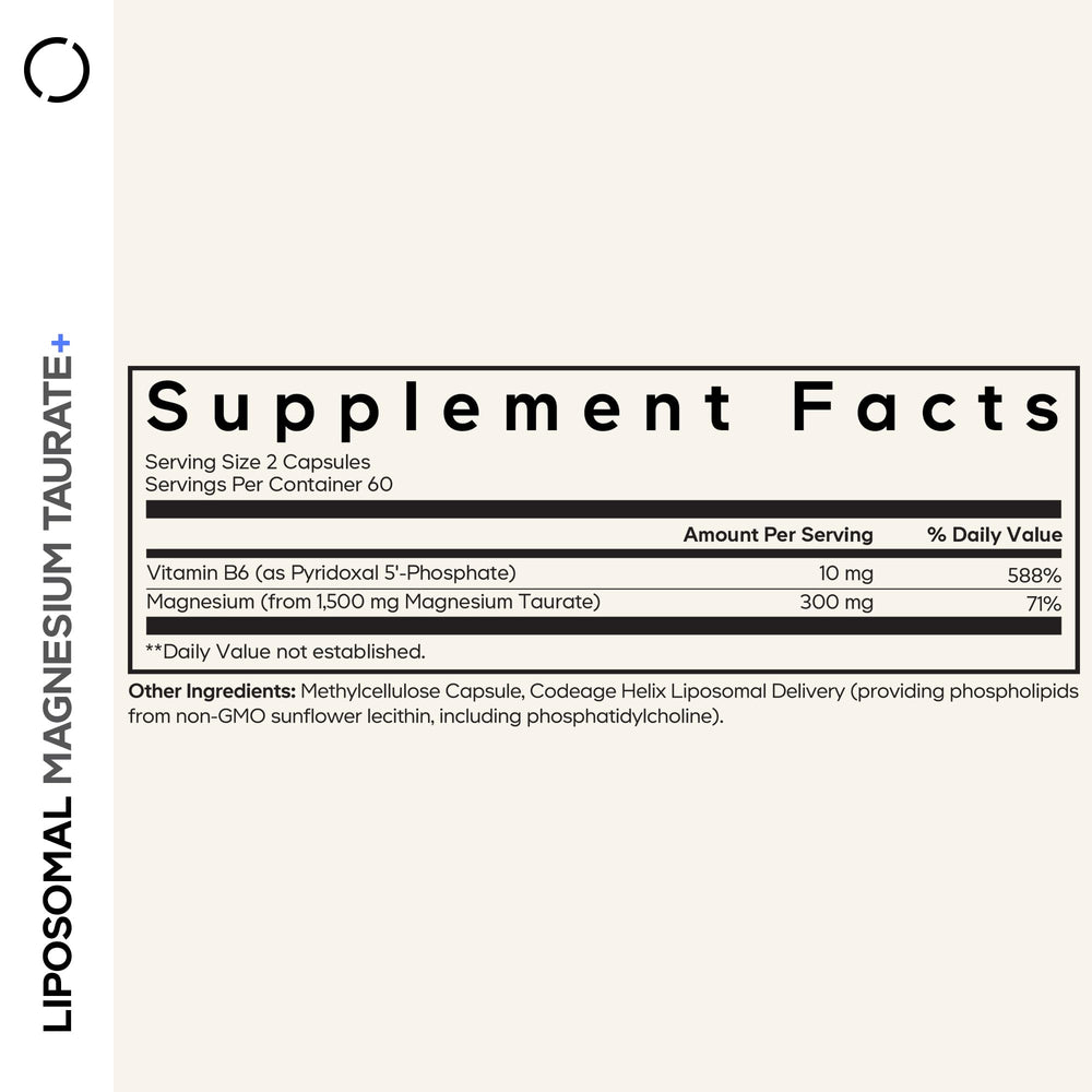 Codeage Liposomal Magnesium Taurate, cápsulas veganas y libres de gluten.