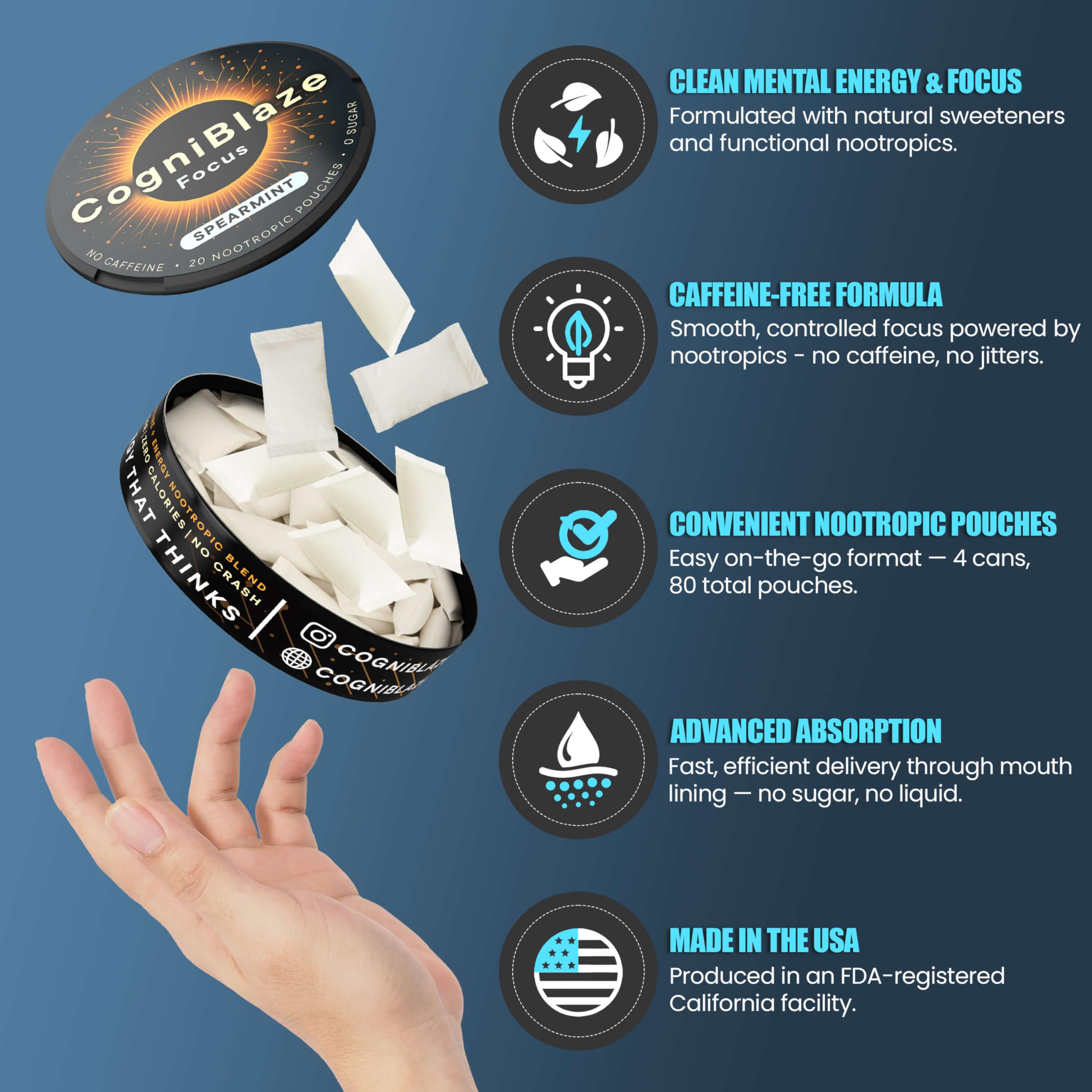 CogniBlaze etiqueta con ingredientes clave, transparencia y trazabilidad
