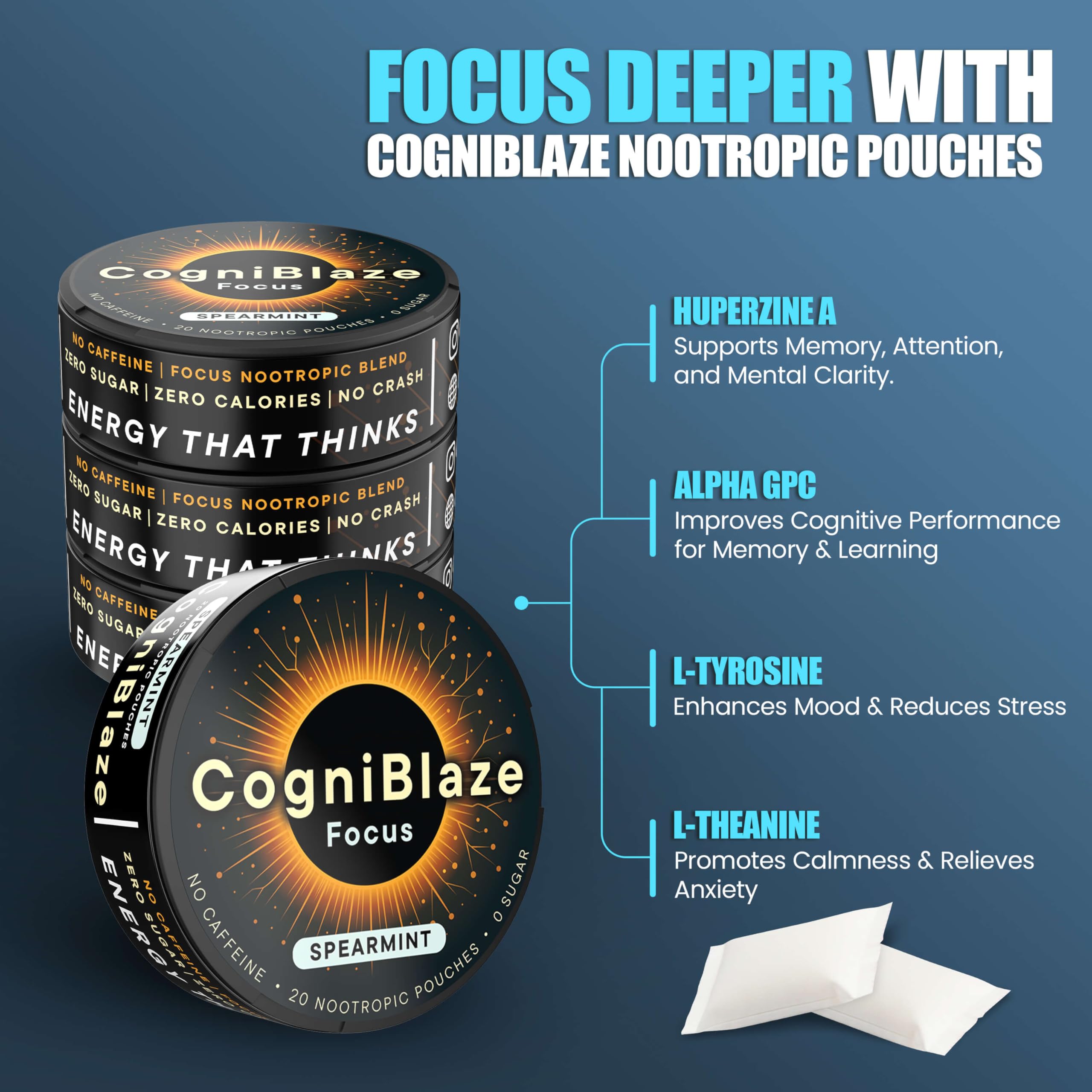 CogniBlaze latas abiertas mostrando 20 pouches por lata para suministro práctico