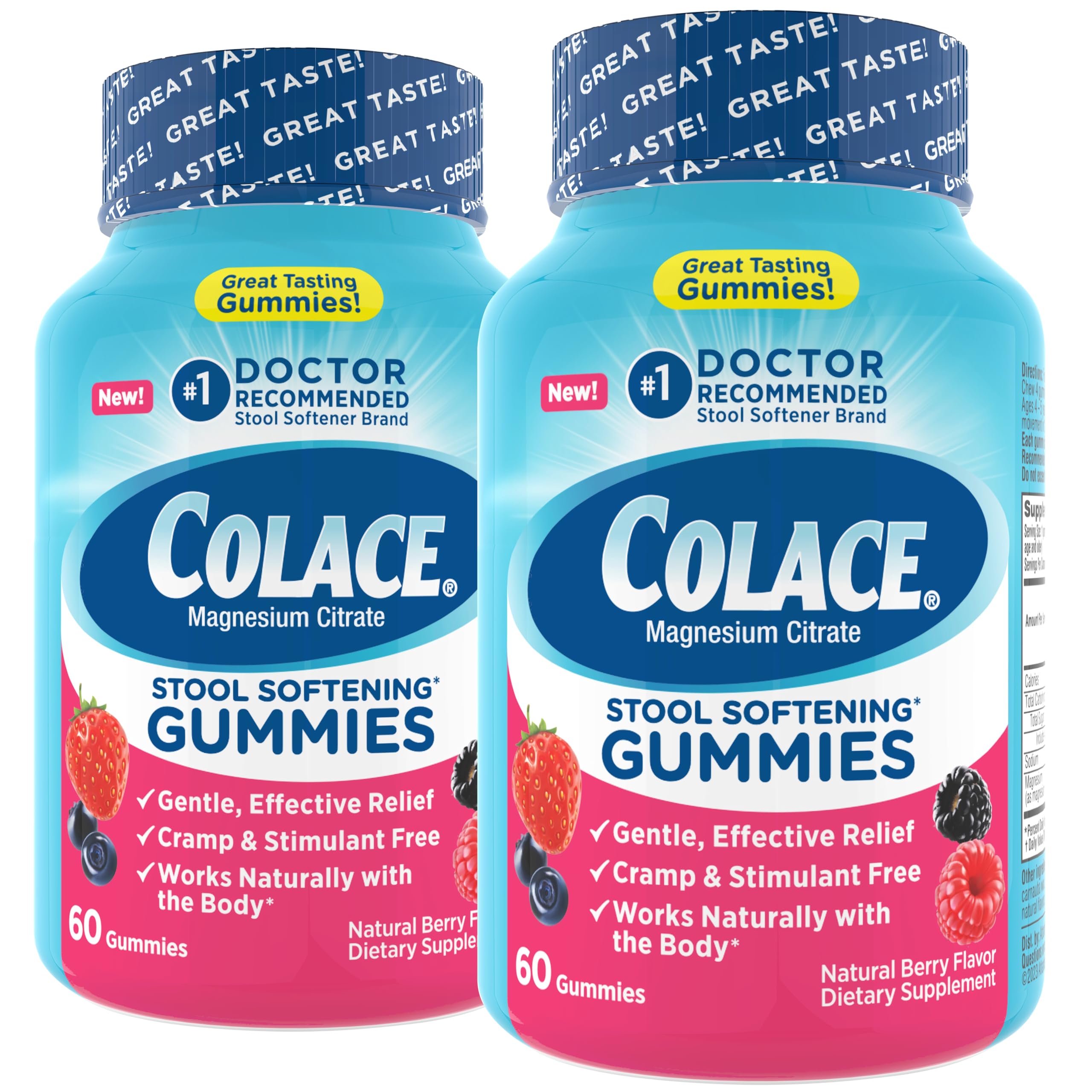 Colace empaque frontal de gomitas berry mostrando beneficios y cantidad