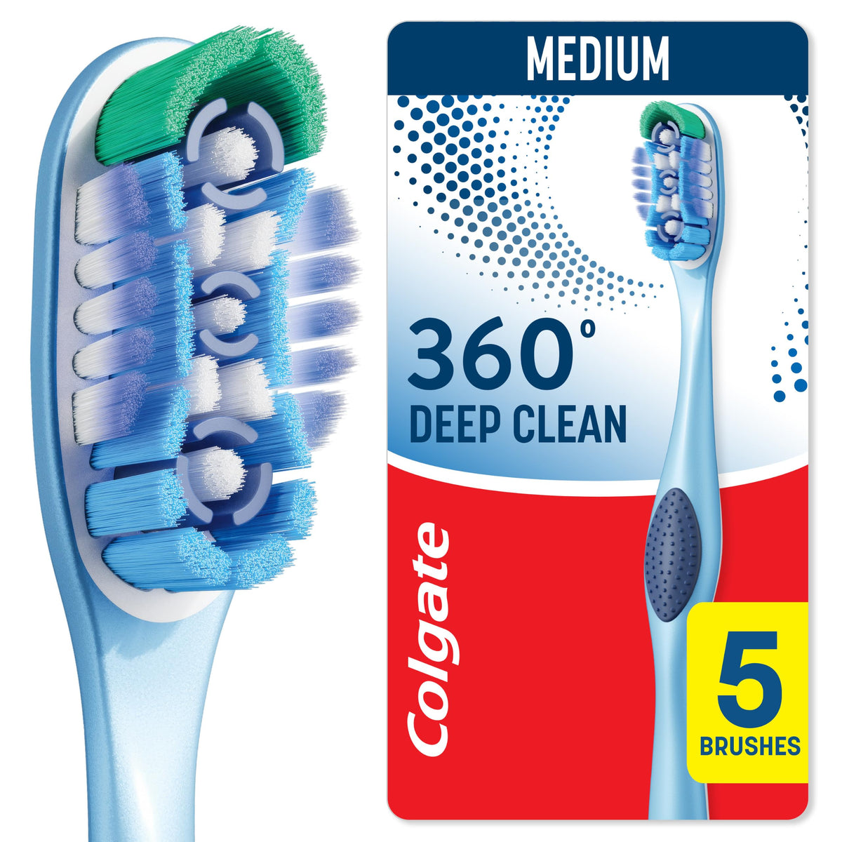 Colgate imagen frontal del paquete mostrando cinco cepillos y beneficio de ahorro