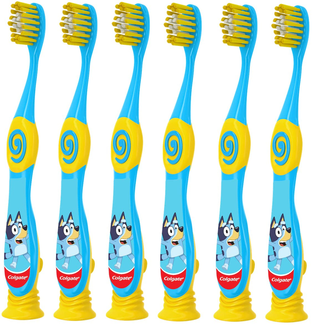 Colgate Bluey vista frontal del cepillo y empaque, promueve higiene fácil