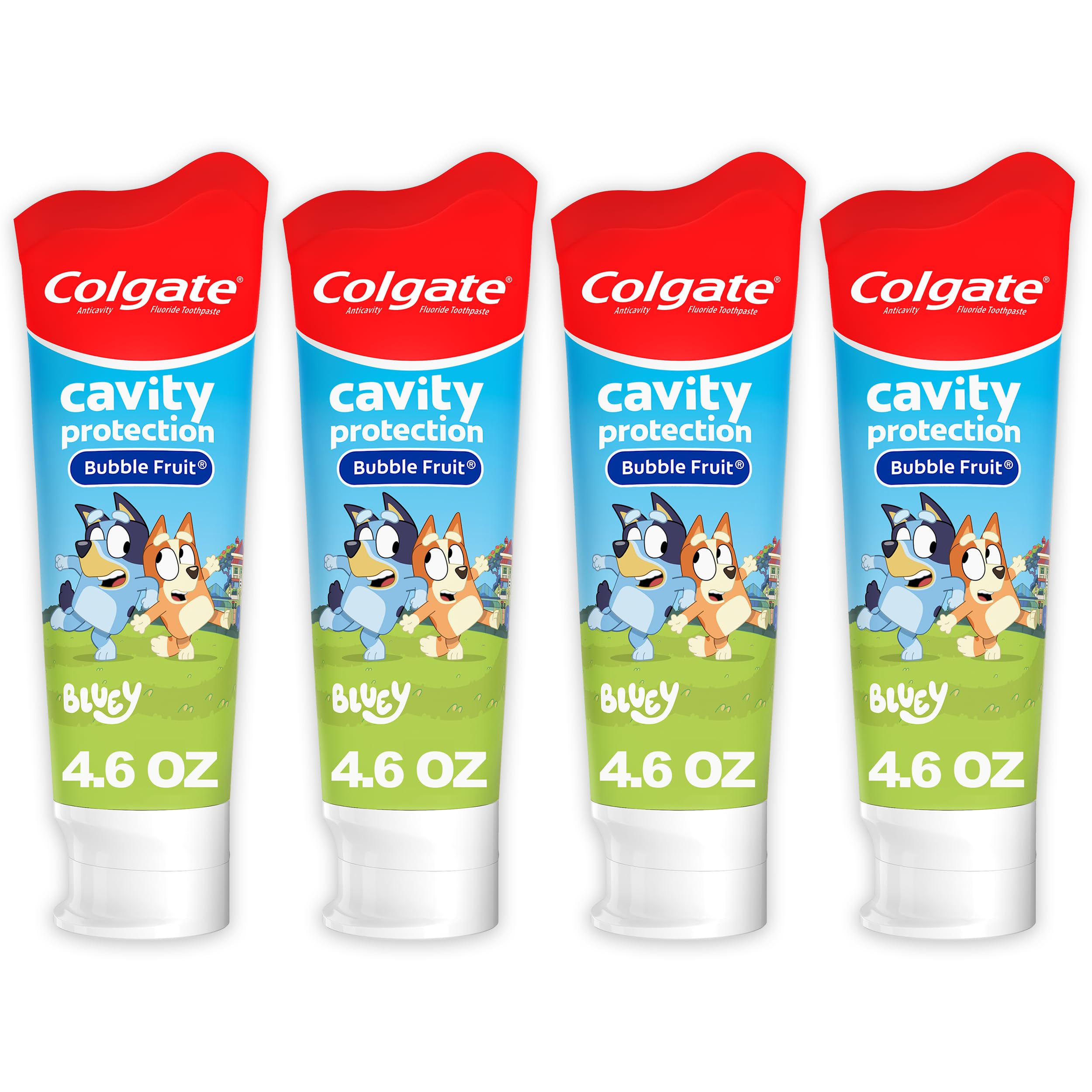 Colgate Bluey frontal del pack con cuatro tubos, variedad y ahorro