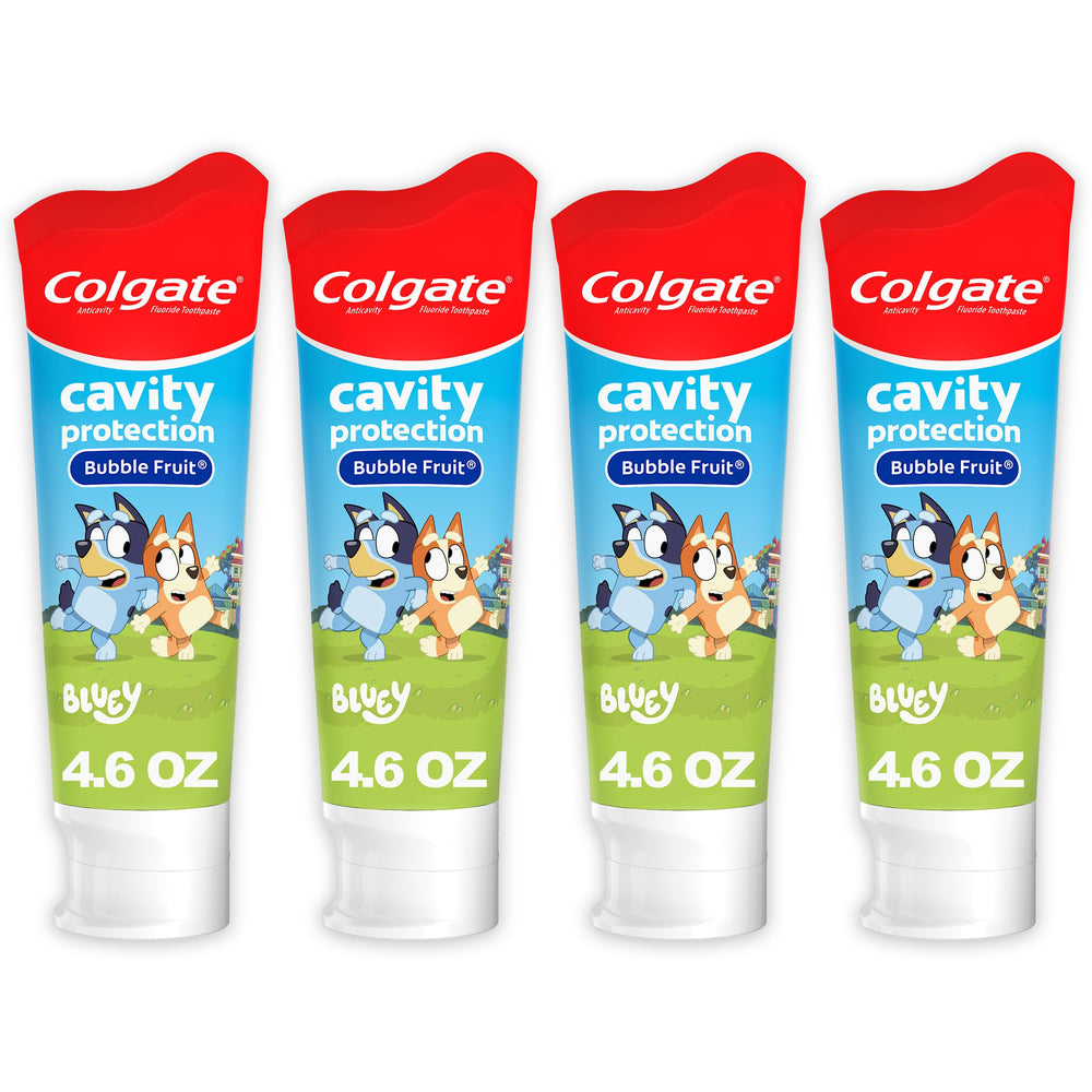 Colgate Bluey frontal del pack con cuatro tubos, variedad y ahorro