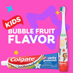 Colgate niño cepillándose mostrando aceptación del sabor Bubble Fruit