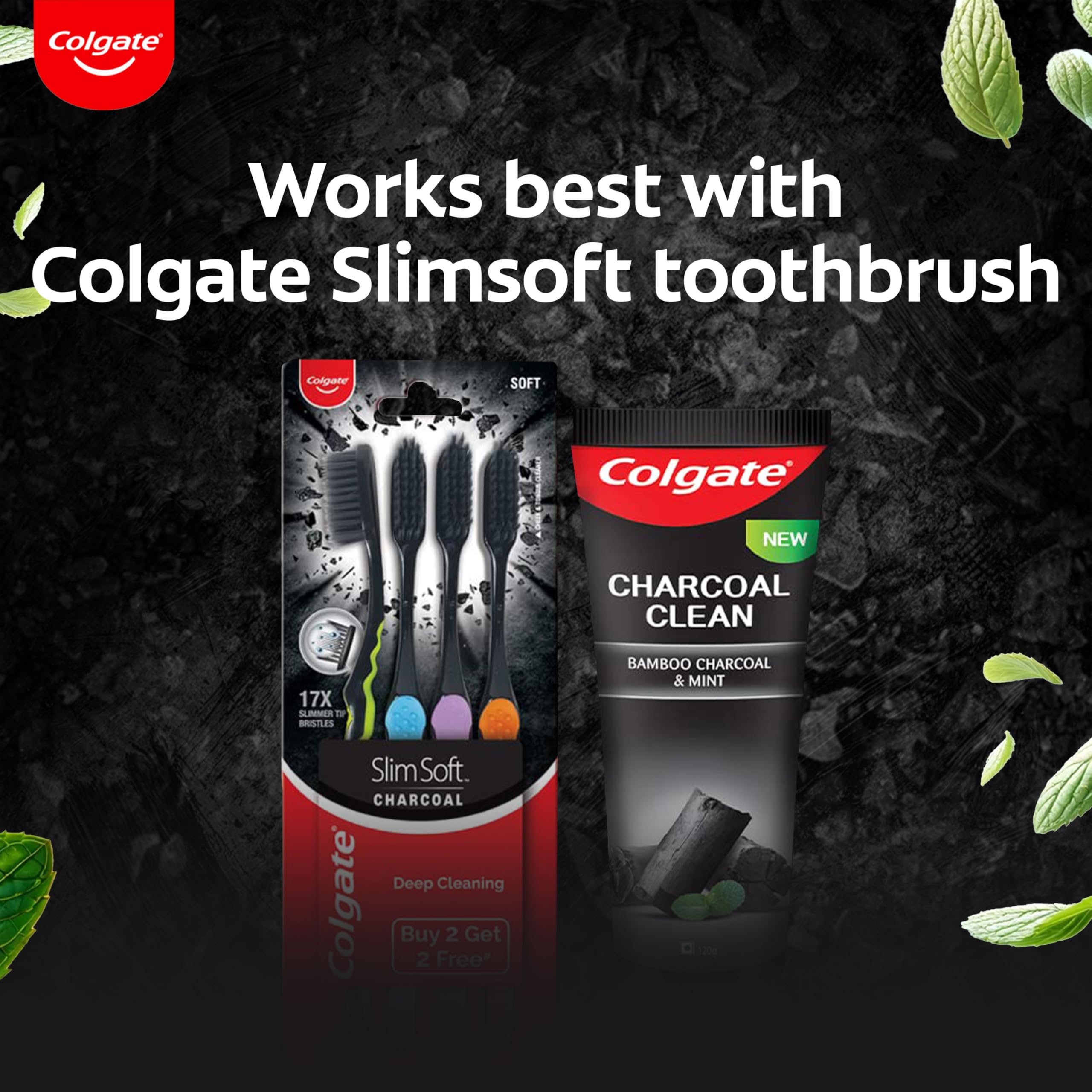 Colgate Charcoal Clean en baño estilizado transmitiendo sensación fresca y limpia