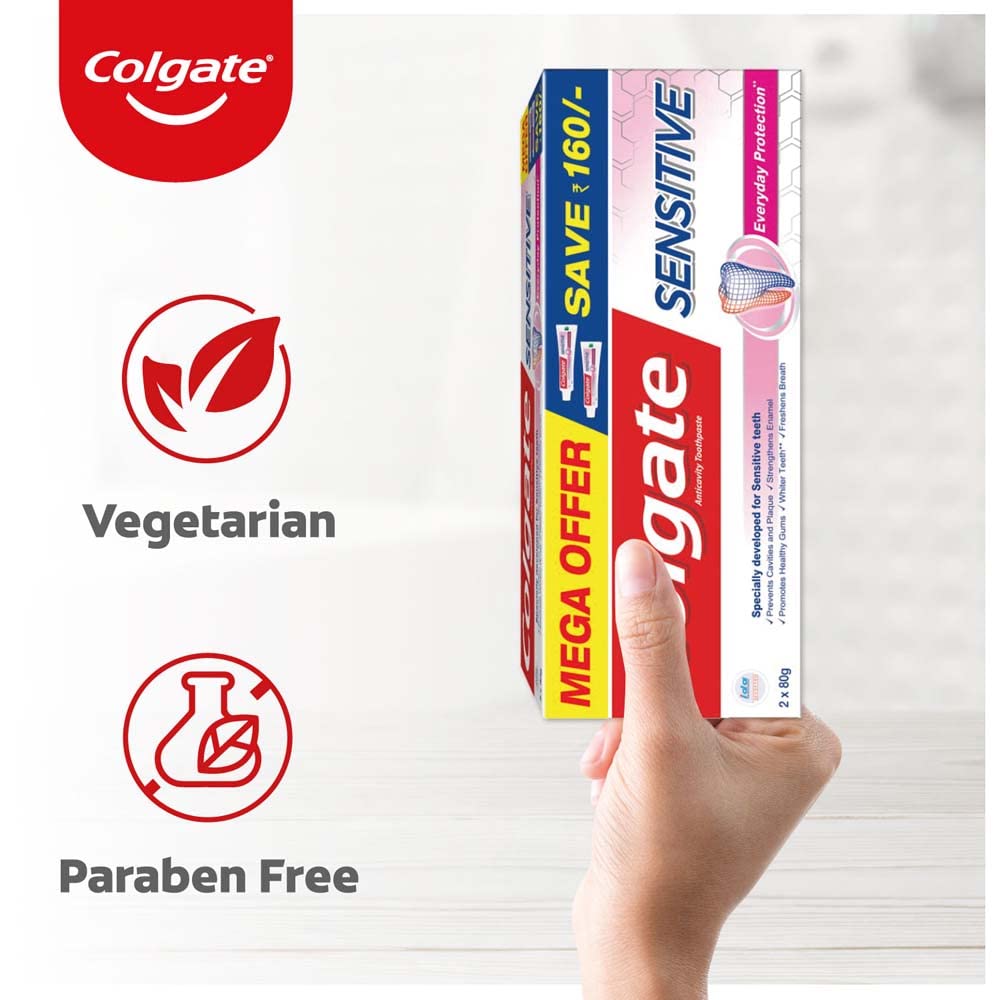 Colgate comparación de tamaño 2x80g junto a objetos, muestra conveniencia