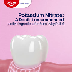 Colgate etiqueta mostrando nitrato de potasio 5% enfatizando alivio recomendado por dentistas