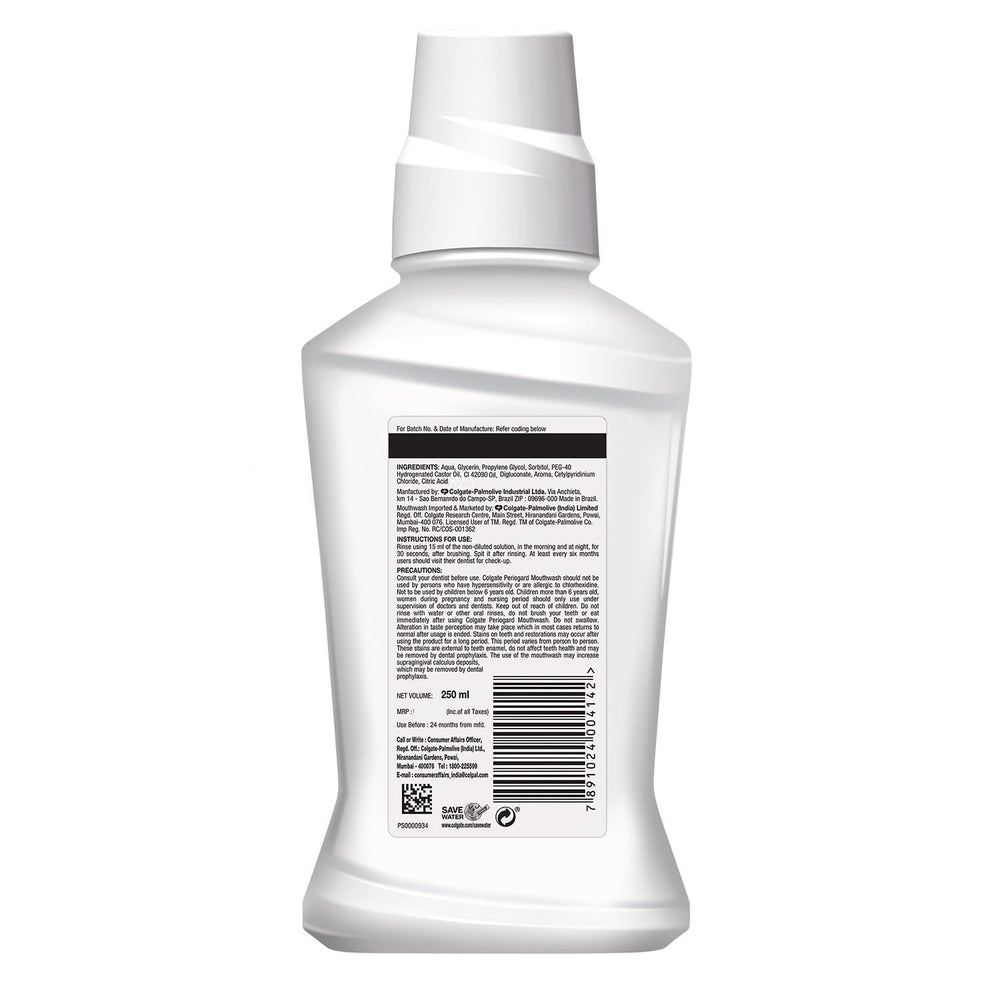 Colgate etiqueta con ingredientes y beneficio de fórmula baja en tinción