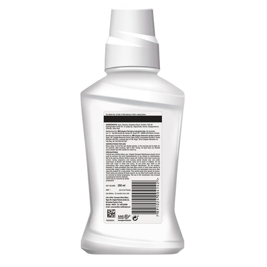 Colgate etiqueta con ingredientes y beneficio de fórmula baja en tinción