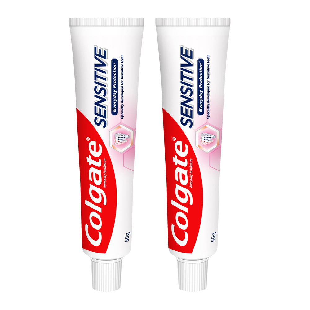 Colgate frente pack doble mostrando tubos y etiquetas, protege sensibilidad