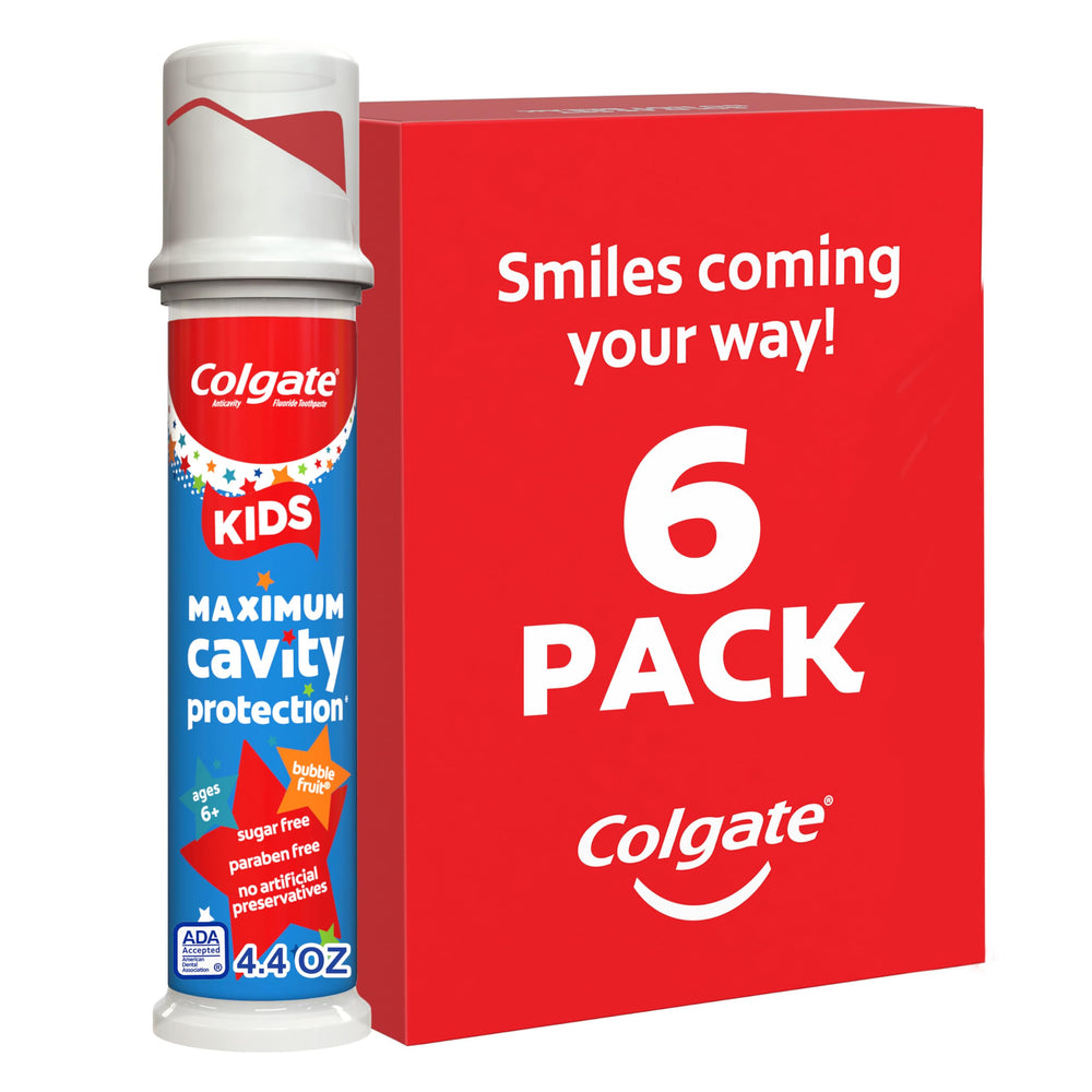 Colgate frente del empaque con bomba, práctico y fácil de usar