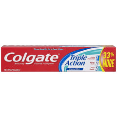 Colgate empaque frontal Triple Action menta mostrando beneficios y conveniencia