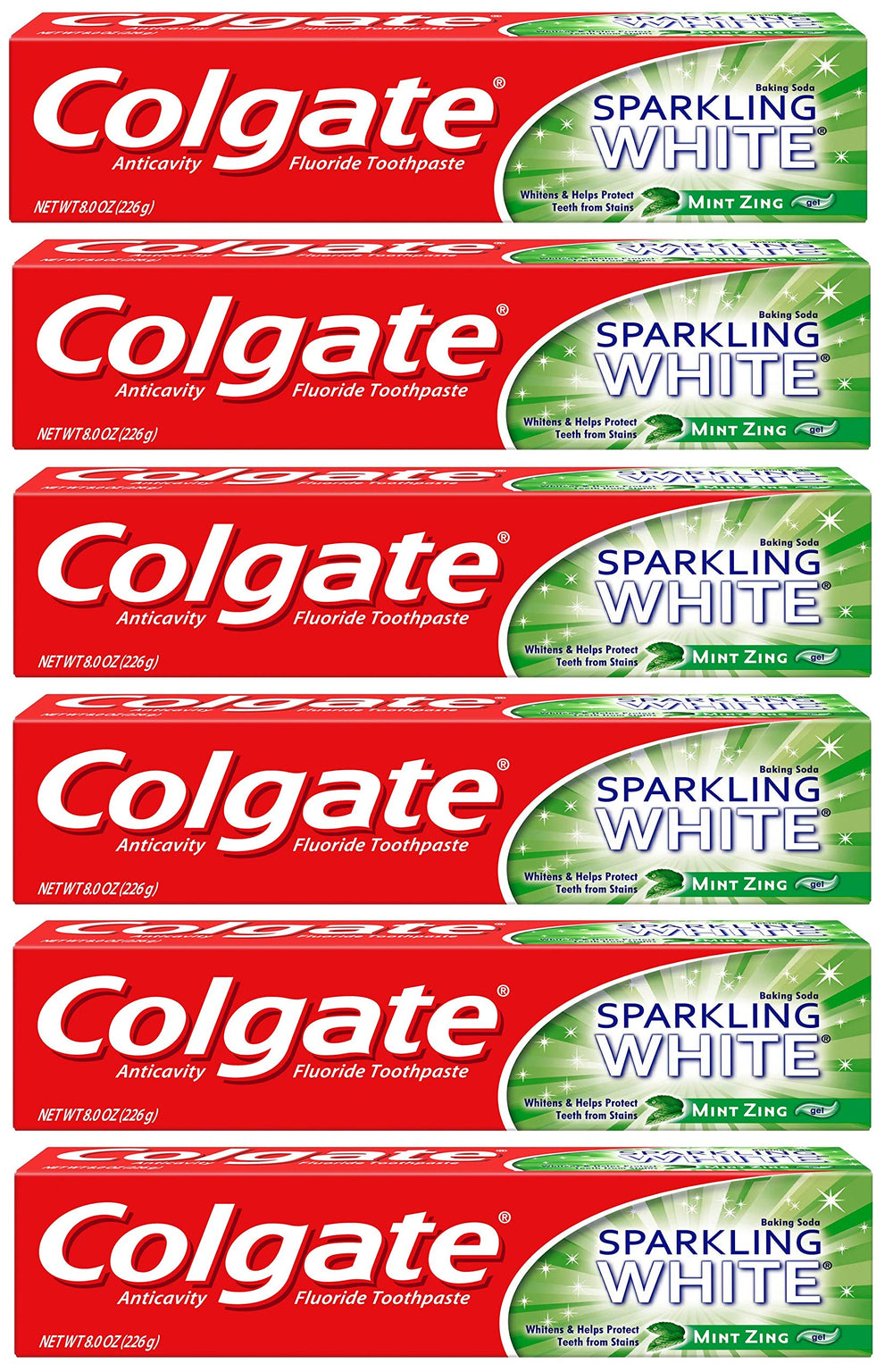Colgate empaque frontal pack de 6 que muestra tamaño y presentación, frescura asegurada
