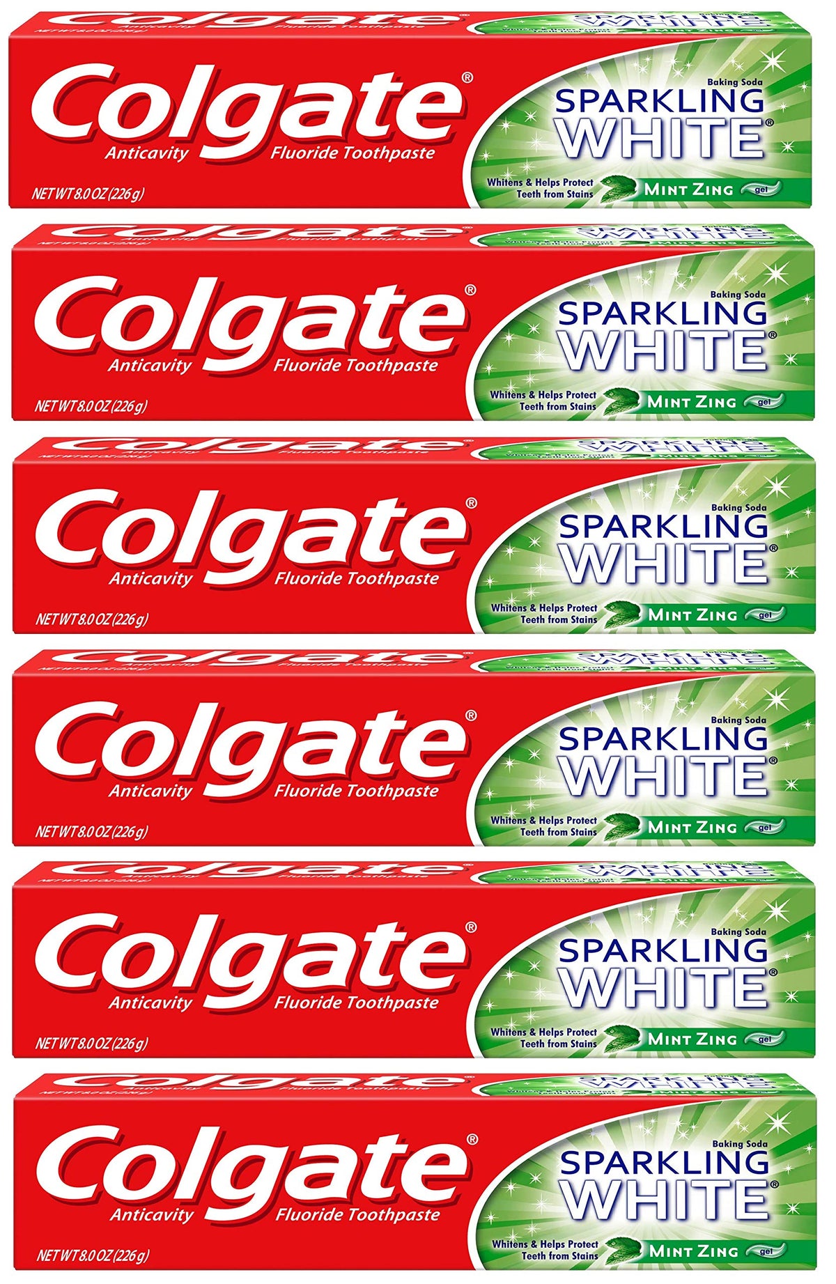 Colgate empaque frontal pack de 6 que muestra tamaño y presentación, frescura asegurada