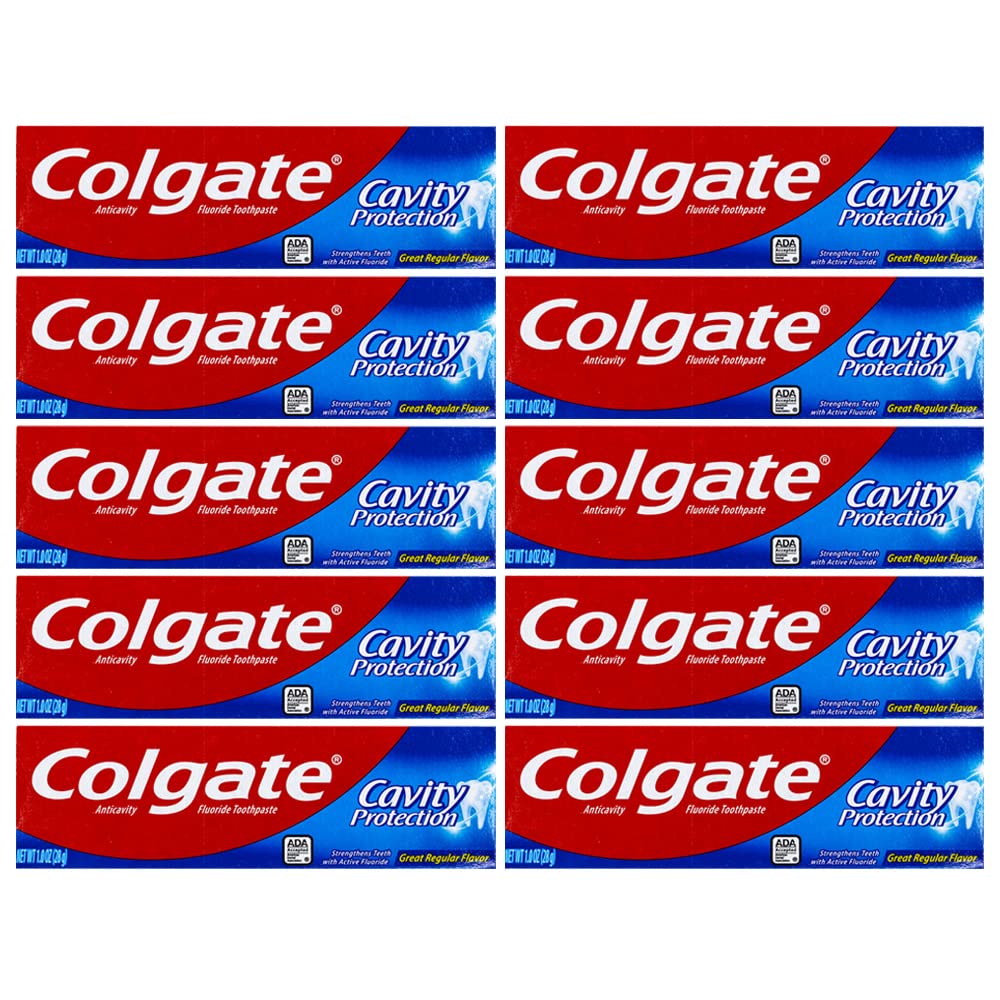 Colgate frontal paquete de 10 tubos travel size mostrando conveniencia para viajes