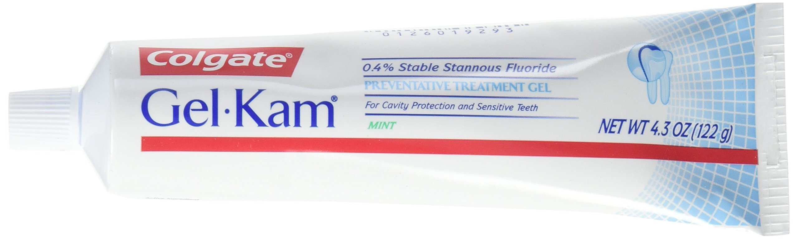 Colgate Gel-Kam frente del tubo mostrando etiqueta y sabor menta, fácil identificación