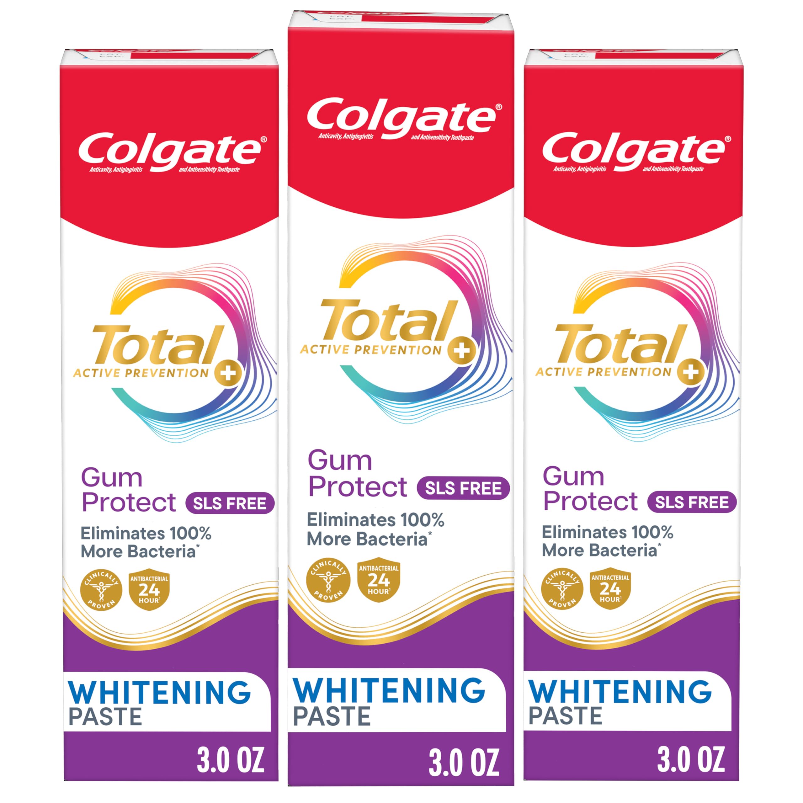 Colgate pack frontal mostrando tres tubos para cuidado de encías y conveniencia