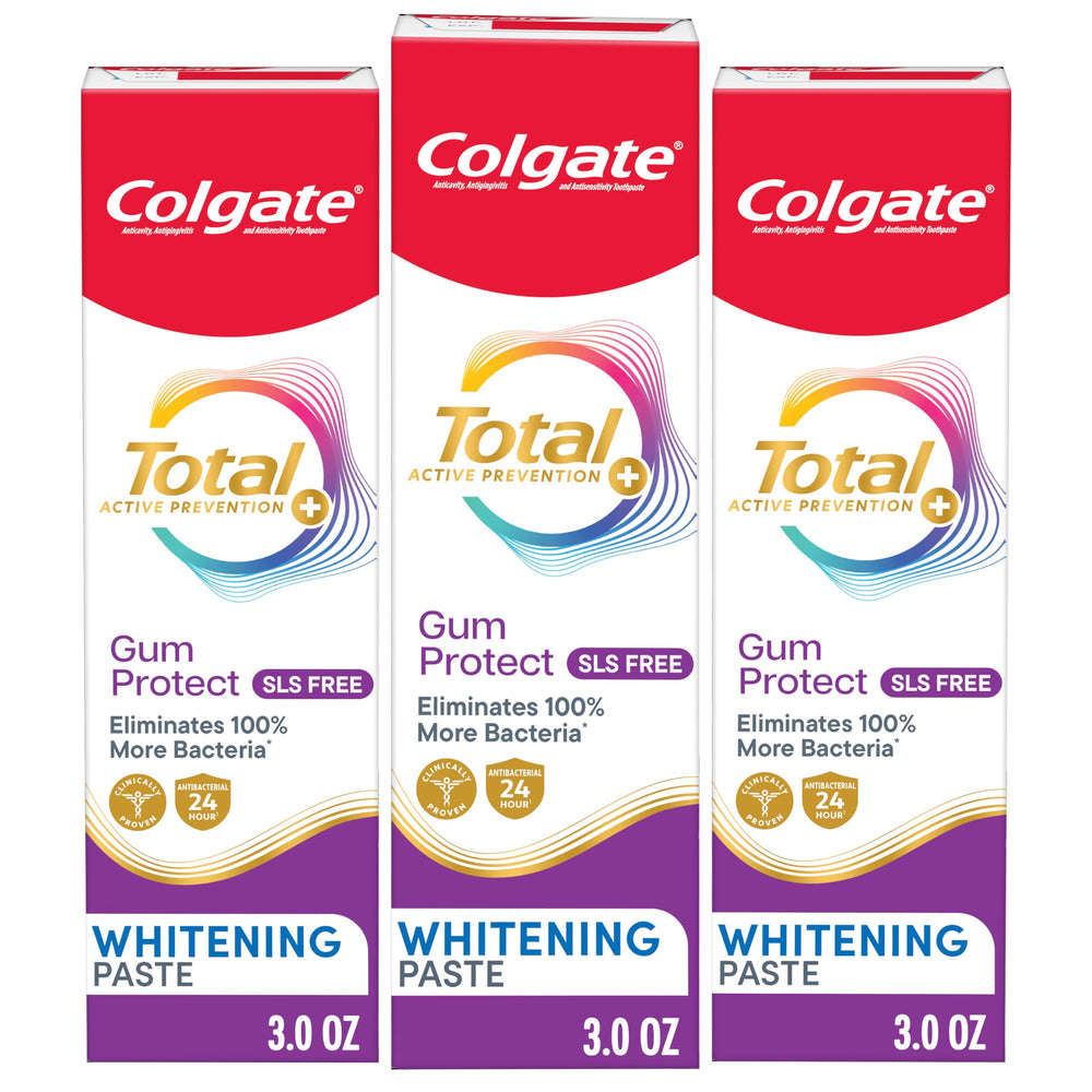 Colgate pack frontal mostrando tres tubos para cuidado de encías y conveniencia
