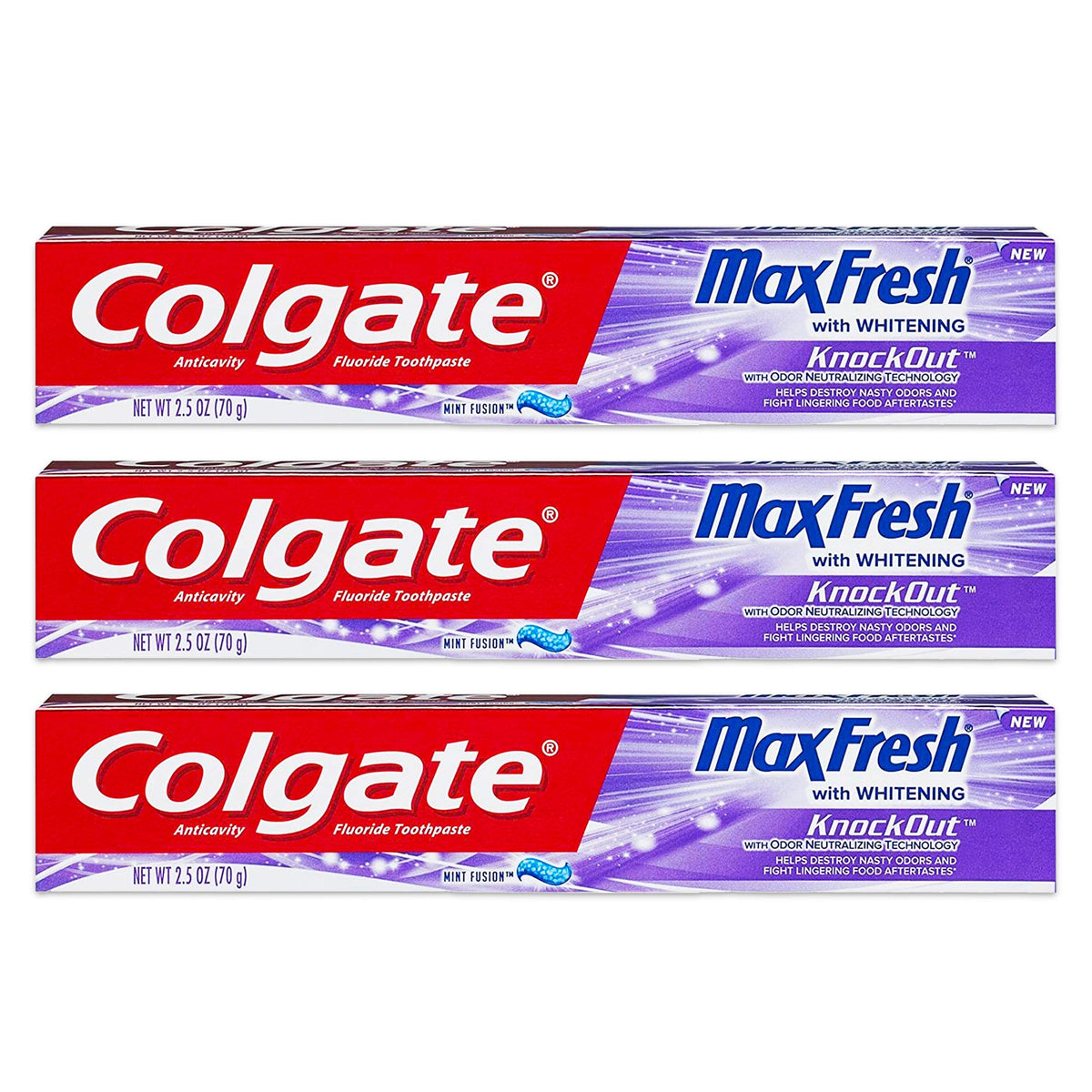 Colgate Max Fresh frente del empaque mostrando tubos y beneficio frescor prolongado