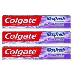 Colgate Max Fresh frente del empaque mostrando tubos y beneficio frescor prolongado