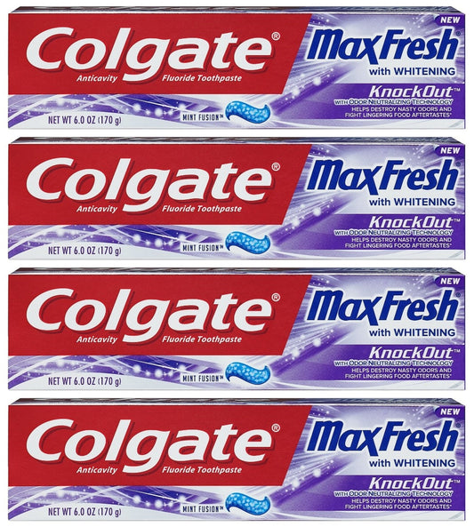 Colgate Max Fresh presentación frontal mostrando tubo y etiqueta, frescor visible