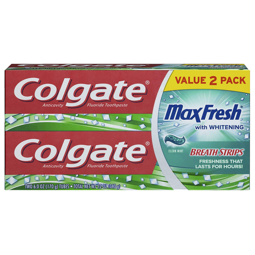Colgate Max Fresh vista frontal del pack mostrando tubos y marca, frescura visible