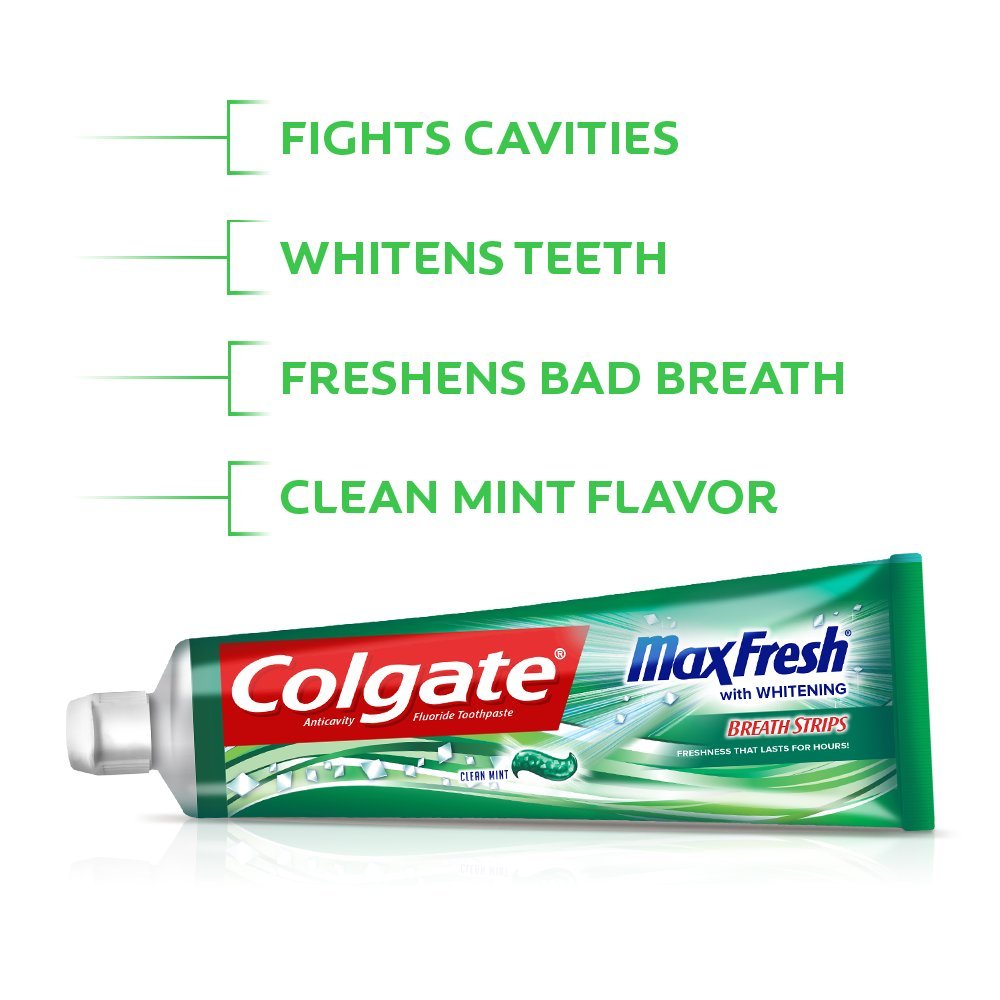 Colgate Max Fresh primer plano de textura con mini tiras, evidencia de frescor