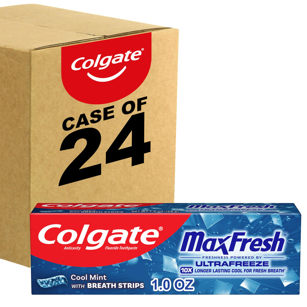 Colgate MaxFresh frente del empaque mostrando menta y paquete de 24