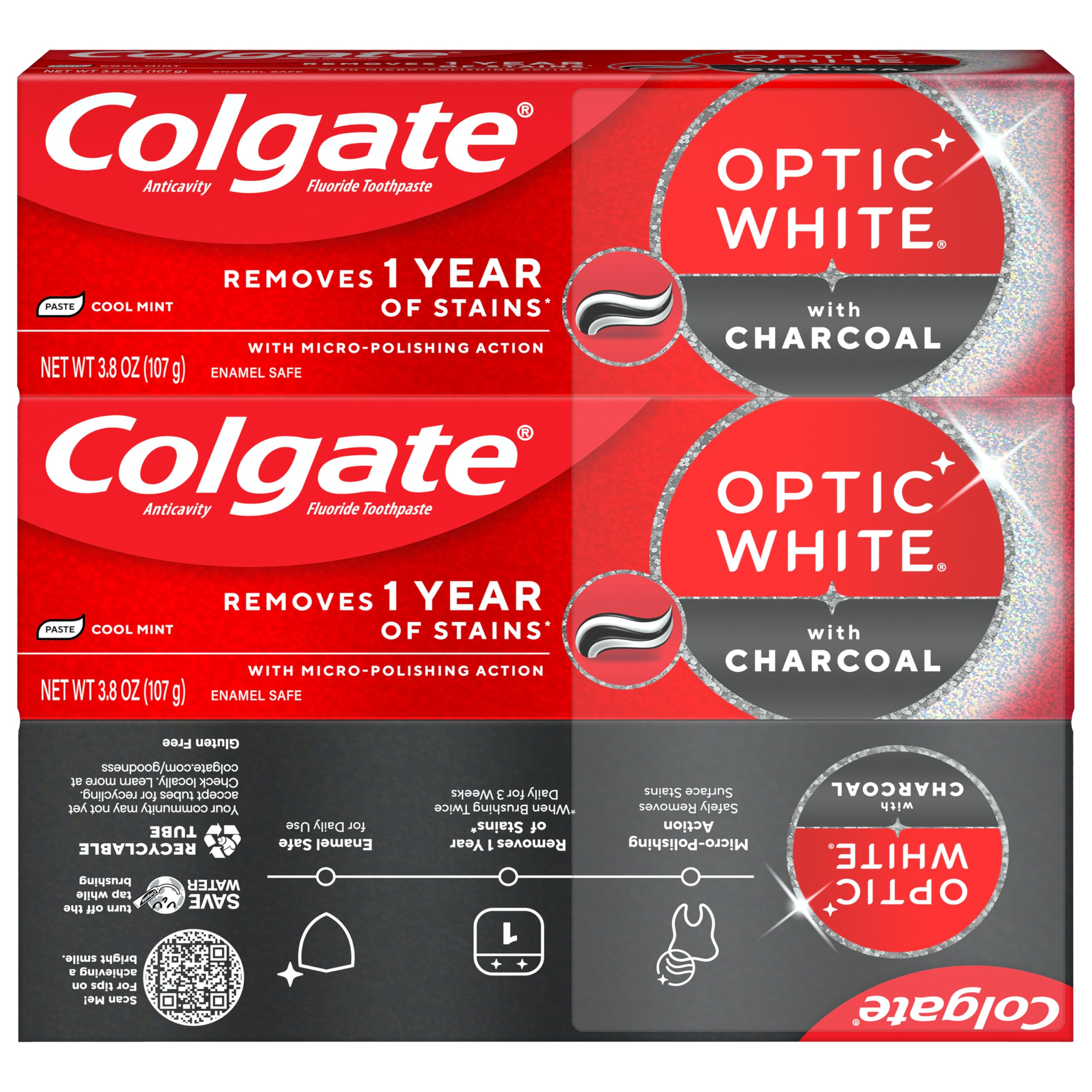 Colgate Optic White Charcoal tapa giratoria abierta mostrando boquilla, beneficio uso higiénico