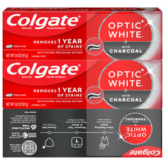 Colgate Optic White Charcoal tapa giratoria abierta mostrando boquilla, beneficio uso higiénico