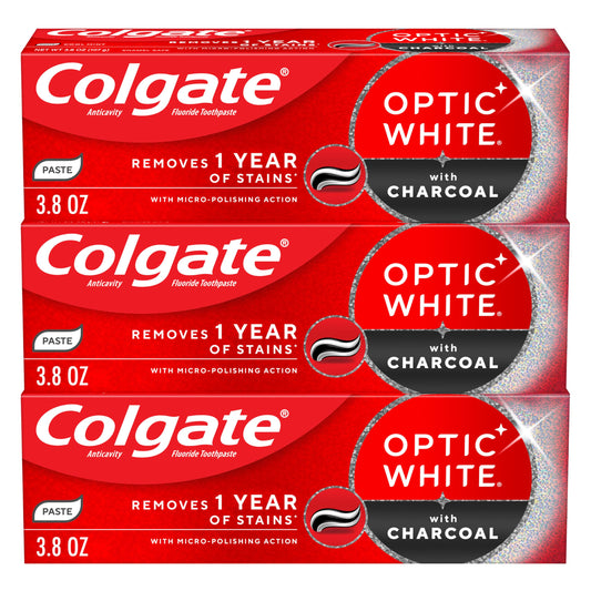 Colgate Optic White Charcoal frontal pack mostrando tres tubos, beneficio blanqueador