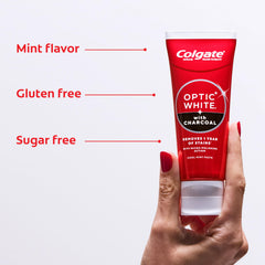 Colgate Optic White Charcoal etiqueta con ingredientes y fluór, beneficio protección anticaries