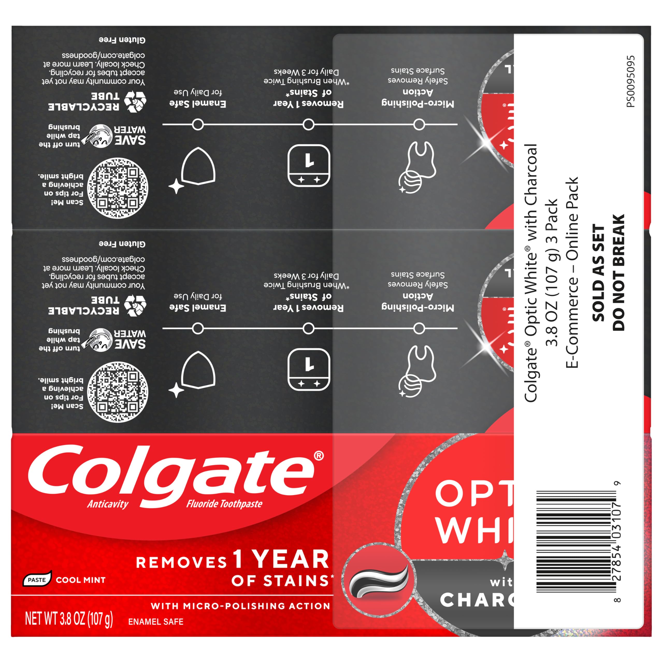 Colgate Optic White Charcoal pack sostenido en manos, beneficio conveniente para hogar