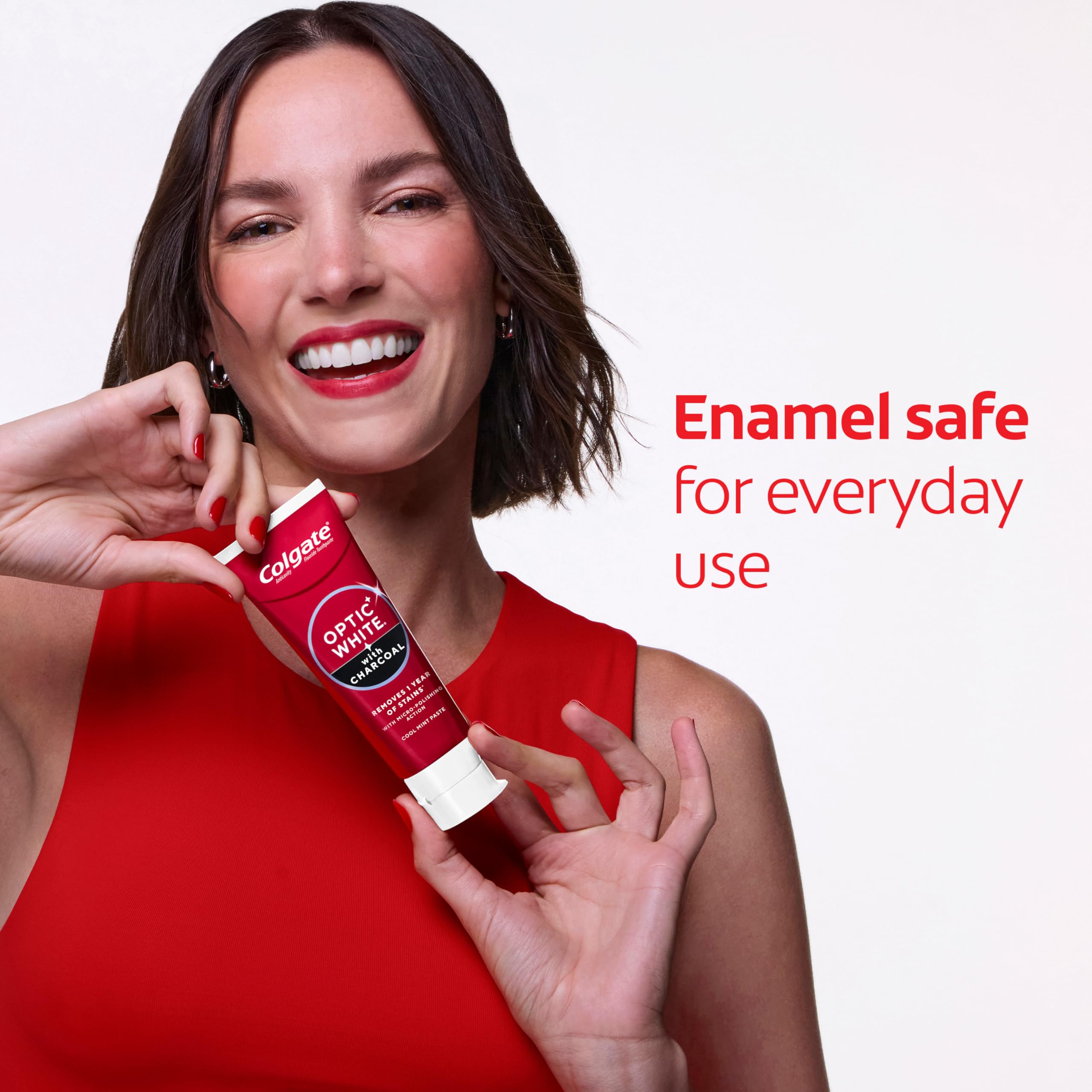 Colgate Optic White Charcoal comparación de tamaño del tubo, beneficio duración del pack