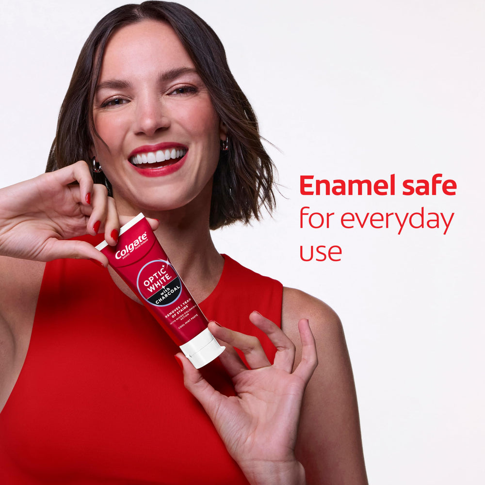 Colgate Optic White Charcoal comparación de tamaño del tubo, beneficio duración del pack