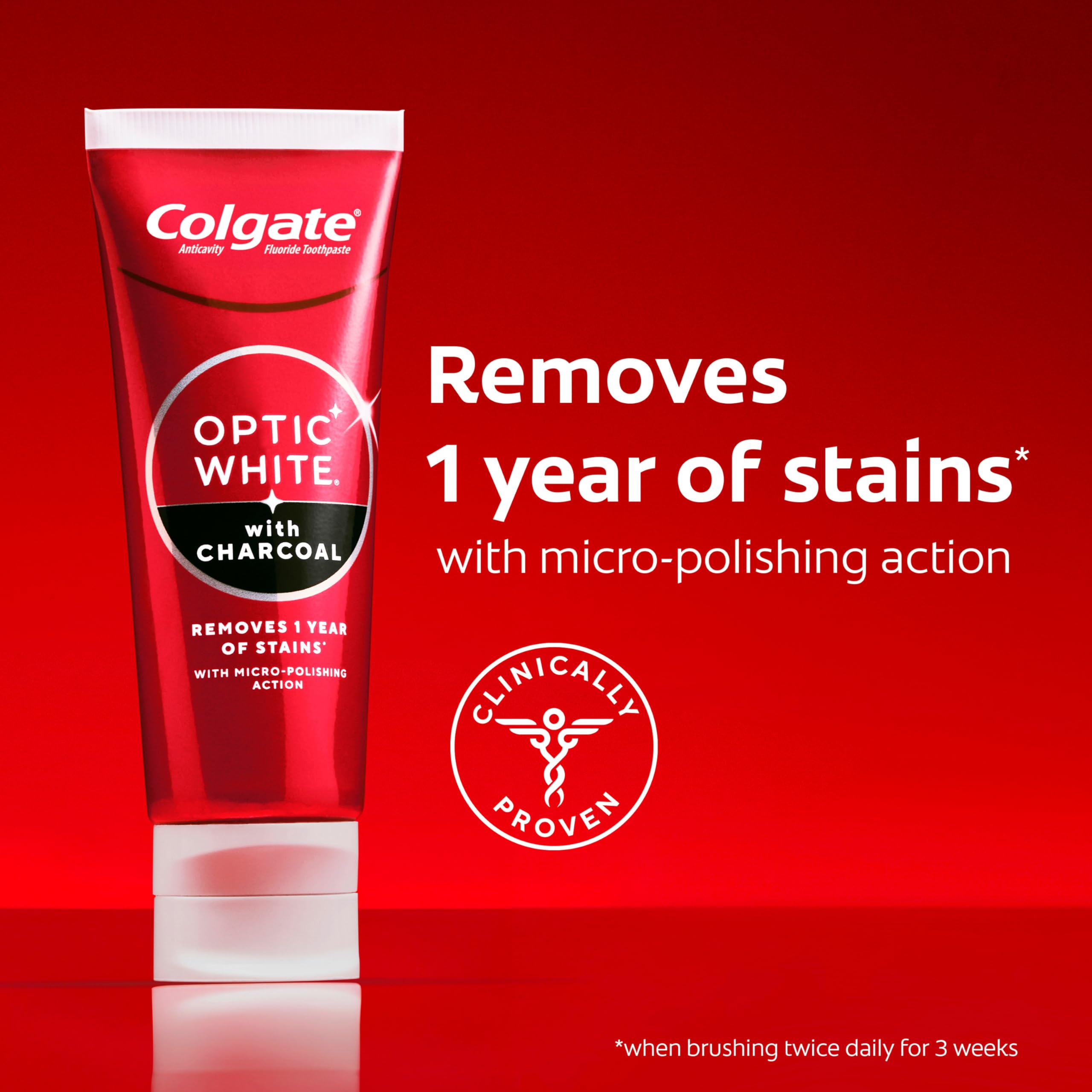 Colgate Optic White Charcoal tubo abierto con pasta visible, beneficio aplicación fácil