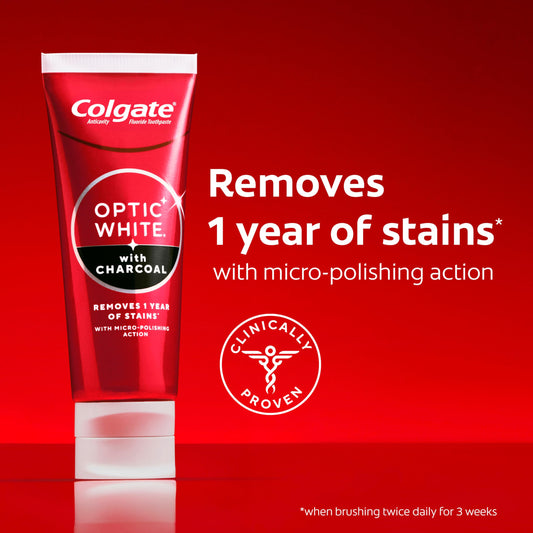 Colgate Optic White Charcoal tubo abierto con pasta visible, beneficio aplicación fácil