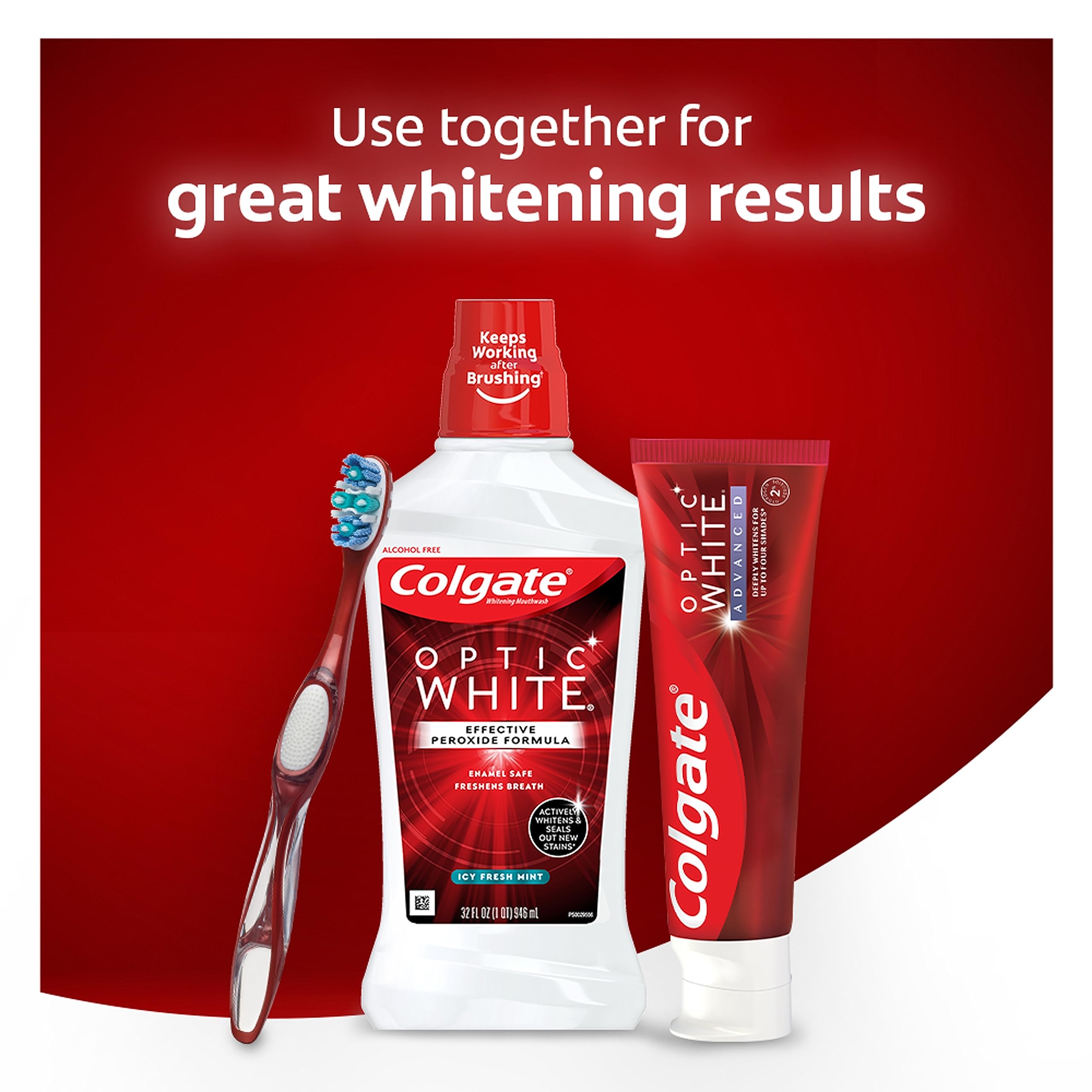 Colgate Optic White comparación de tamaño 32 oz para escala