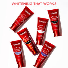Colgate Optic White tubos junto a regla para comparar tamaño y duración