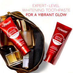 Colgate Optic White etiqueta con ingredientes resaltando peróxido y flúor