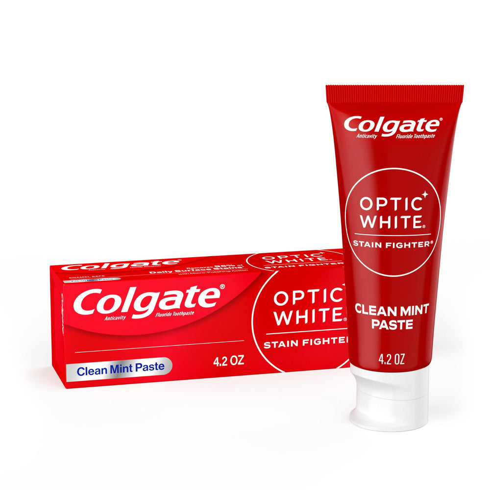 Colgate Optic White frente del empaque mostrando beneficio blanqueador