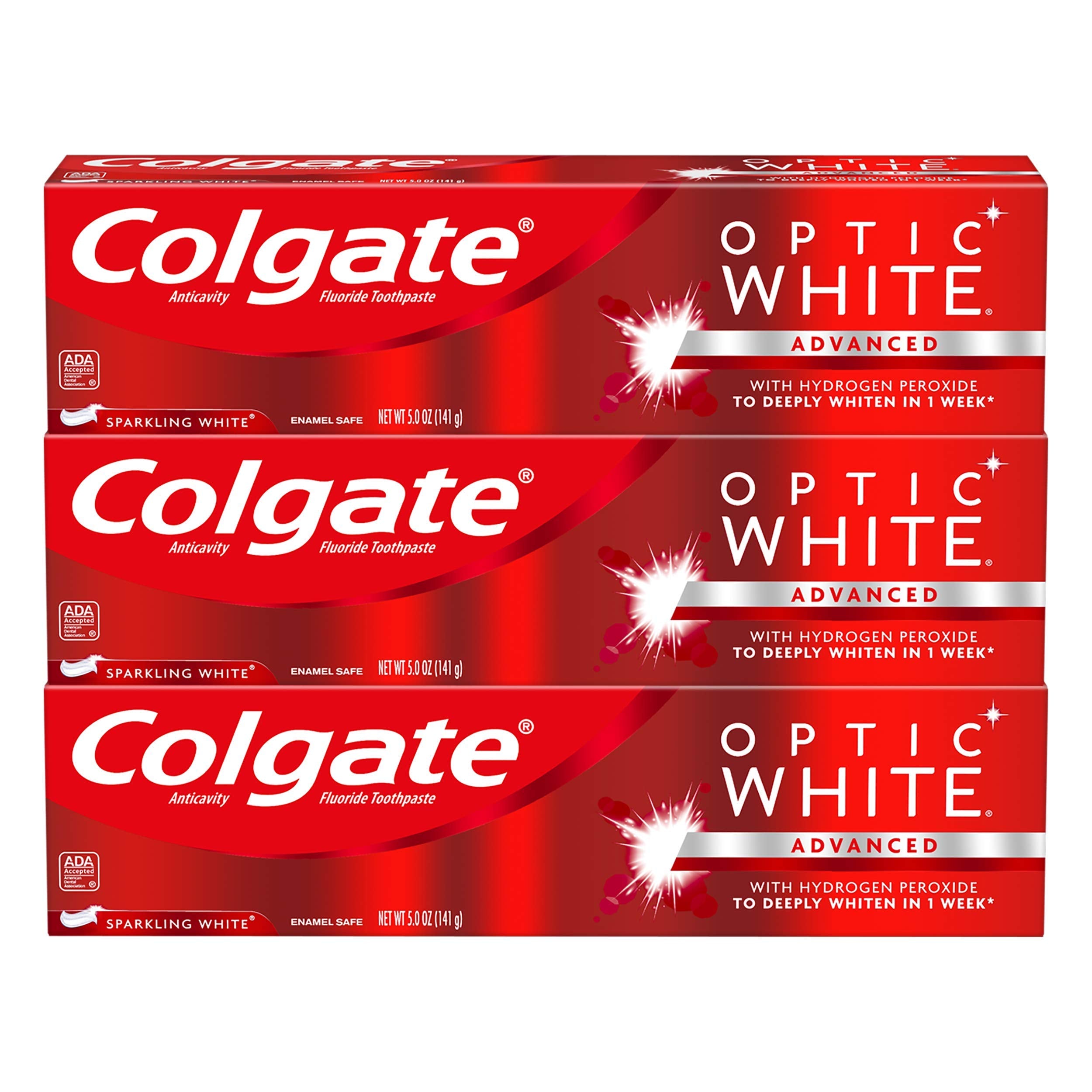 Colgate Optic White frente del empaque mostrando pack de tres para ahorro y conveniencia