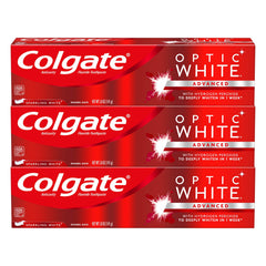 Colgate Optic White frente del empaque mostrando pack de tres para ahorro y conveniencia