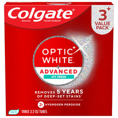 Colgate Optic White frente del paquete mostrando los tres tubos y beneficio blanqueador